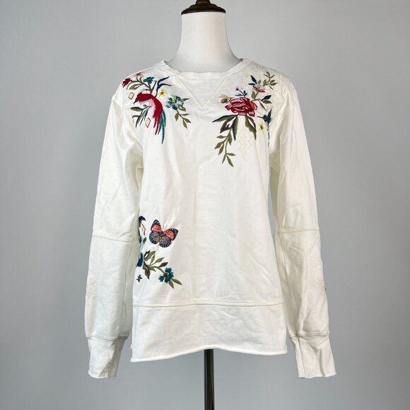 NWOT Johnny Was Embroidered Floral Butterfly Bird Pullover White Sweatshirt Sz S - Picture 2 of 16